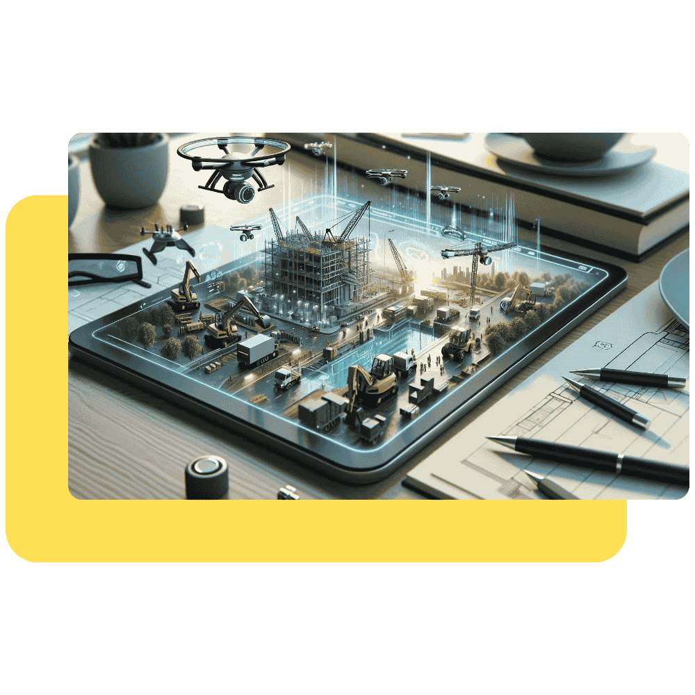 Moderne tablet op een tafel met een futuristische bouwplaats met ultramoderne machines, robots, drones en arbeiders met een augmented reality-bril.