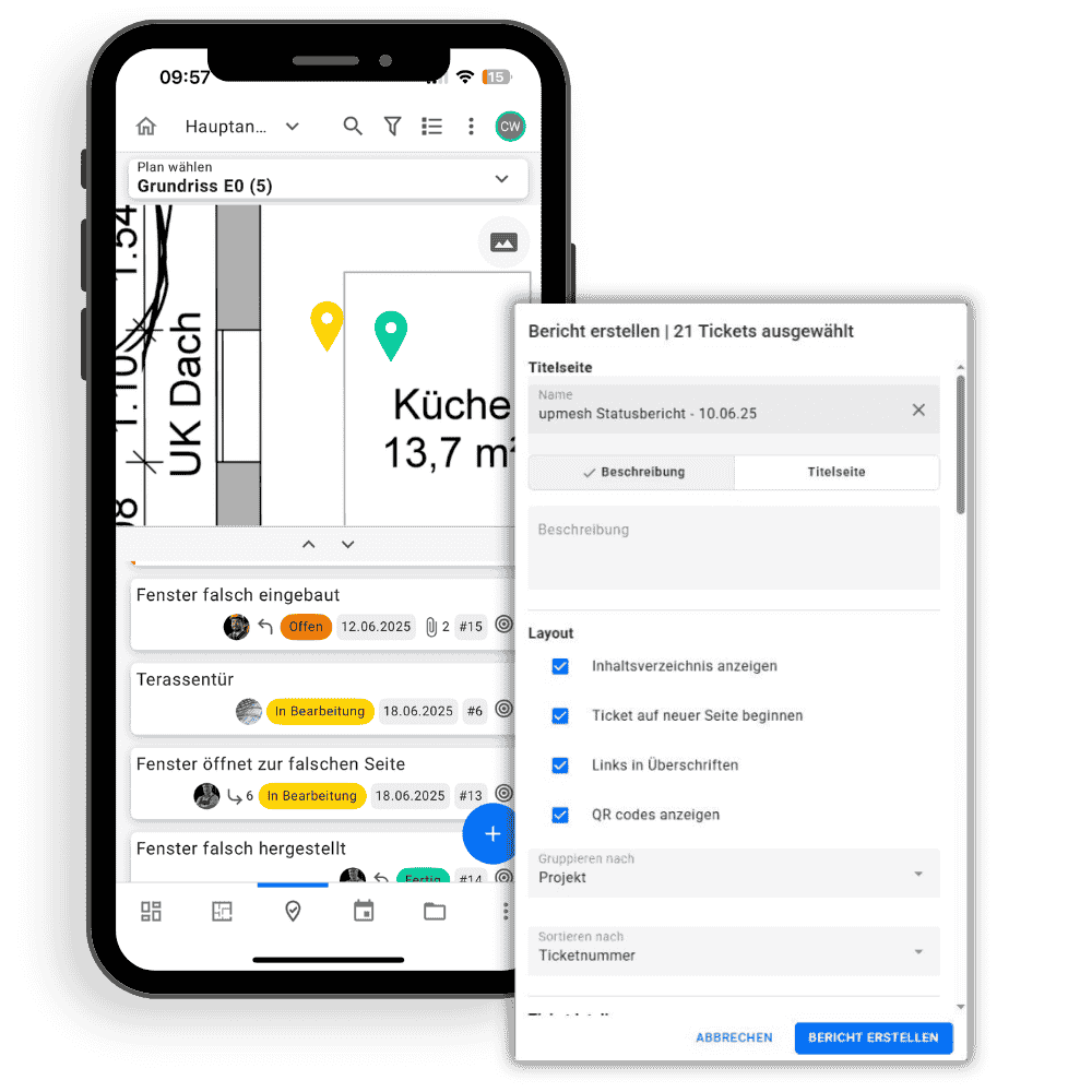 Auf dem abgebildeten Smartphone ist die upmesh App geöffnet. Es ist ein digitaler Bauplan mit Verortungen zu sehen. Daneben sieht man die Erstellungs-Maske für einen Tagesbericht mit ausgewählten Tickets. Mit upmesh erledigst du dein Aufgabenmanagement projektübergreifend.
