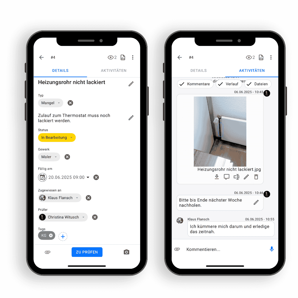 Auf den zwei abgebildeten Smartphone-Screens, ist das upmesh Ticketlayout zu sehen. Es zeigt, wie Aufgaben (in diesem Fall die Lackierung eines Heizungsrohres) inklusive Fristen zugewiesen werden können. Auch Rückfragen zum Ticket, lassen sich im integrierten Chat klären. Das Bild zeigt, dass das upmesh Aufgabenmanagement intuitiv bedienbar ist.