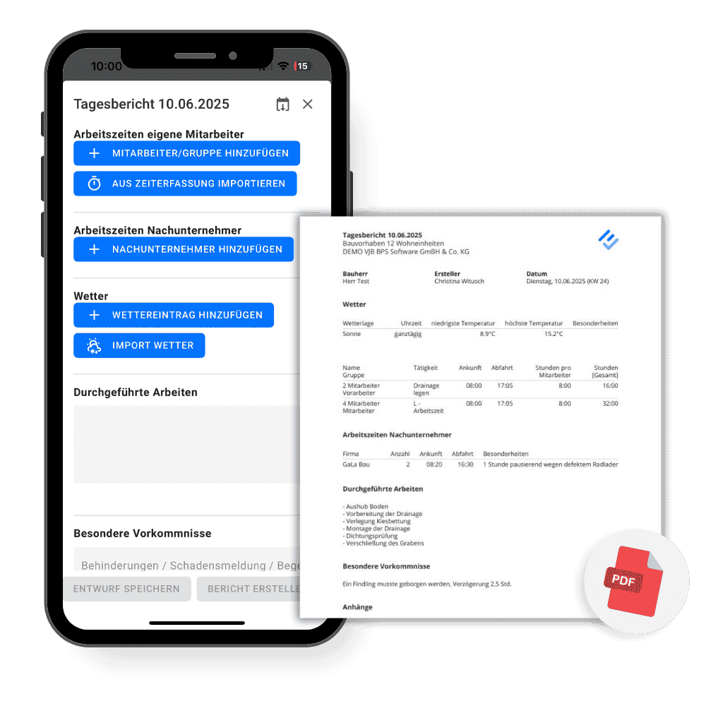 Auf dem abgebildeten Smartphone ist die upmesh App mit einem digitalen Tagesbericht geöffnet. Es ist sichtbar, wie der Tagesbericht einfach erstellt werden kann und wie dieser nach dem Export als PDF-Datei aussieht.