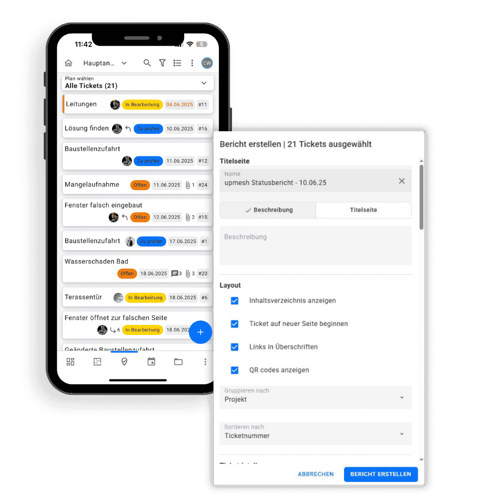 Es ist ein Smartphone-Screen mit der geöffneten upmesh App zu sehen. Aufgelistet sind die in upmesh erstellten Tickets, die mit einem Klick in den Tagesbericht integriert werden können
