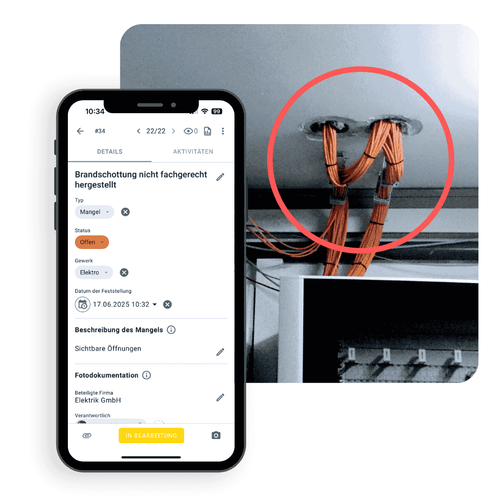 The image shows a smartphone displaying the upmesh defect management system. The digital defect, including a photo, describes the faulty fire barrier.