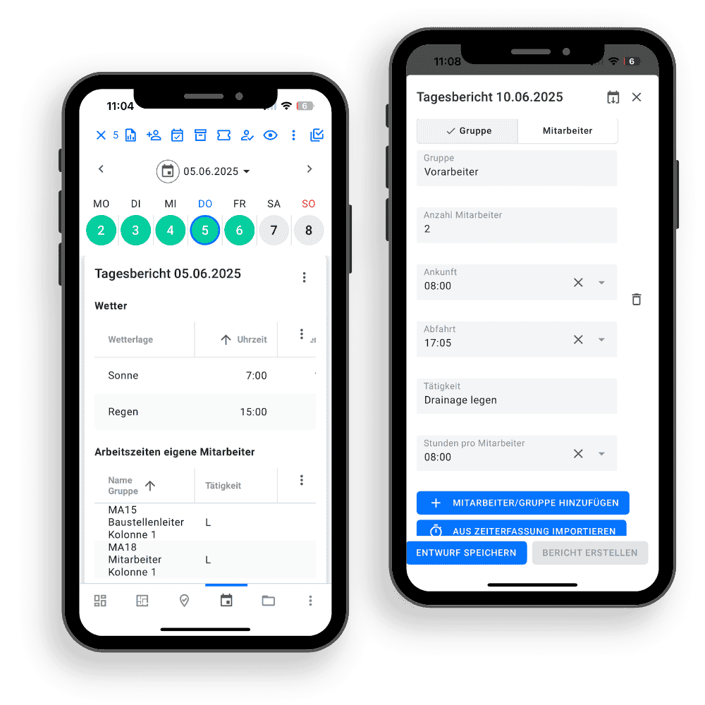 Es sind zwei Smartphone Screens mit der geöffneten upmesh App zu sehen. Beide zeigen, welche Daten im upmesh Bautagebuch erfasst werden können. Die lückenlose Baudokumentation, die über upmesh gewährleistest wird, minimiert Risiken bei Bauverzögerungen.