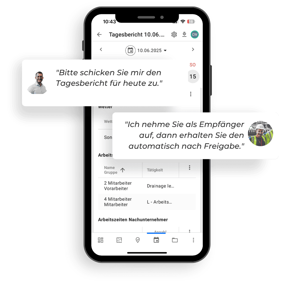 Auf einem Smartphone Screen ist das digitale Bautagebuch von upmesh geöffnet. Der Screen verdeutlicht, wie einfach Projektbeteiligte über die upmesh App kommunizieren können.