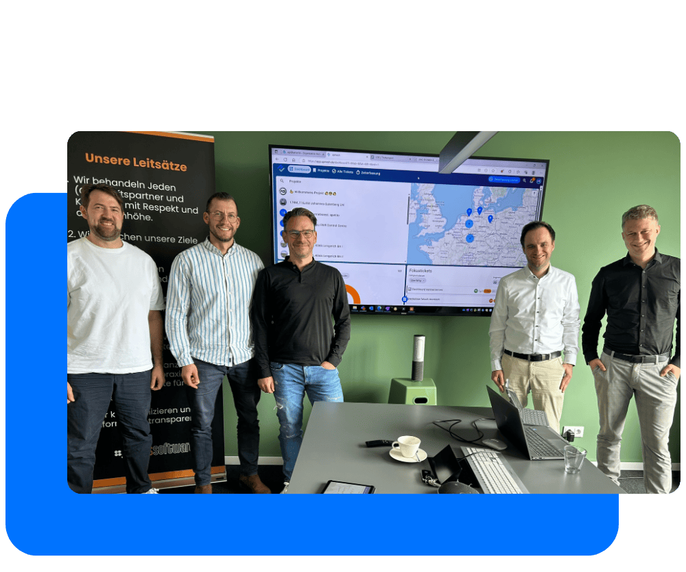The three upmesh founders Alexander Stein, Paul Jaeger and Carsten Brockmann can be seen with the agn representatives Torsten Heywinkel and Henri Beckmann in front of a screen on which the upmesh app is running
